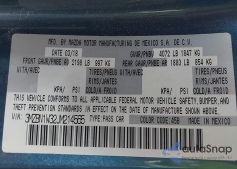 2018 Mazda 3 Grand Touring из США, поврежденный, VIN 3MZBN1W32JM214565